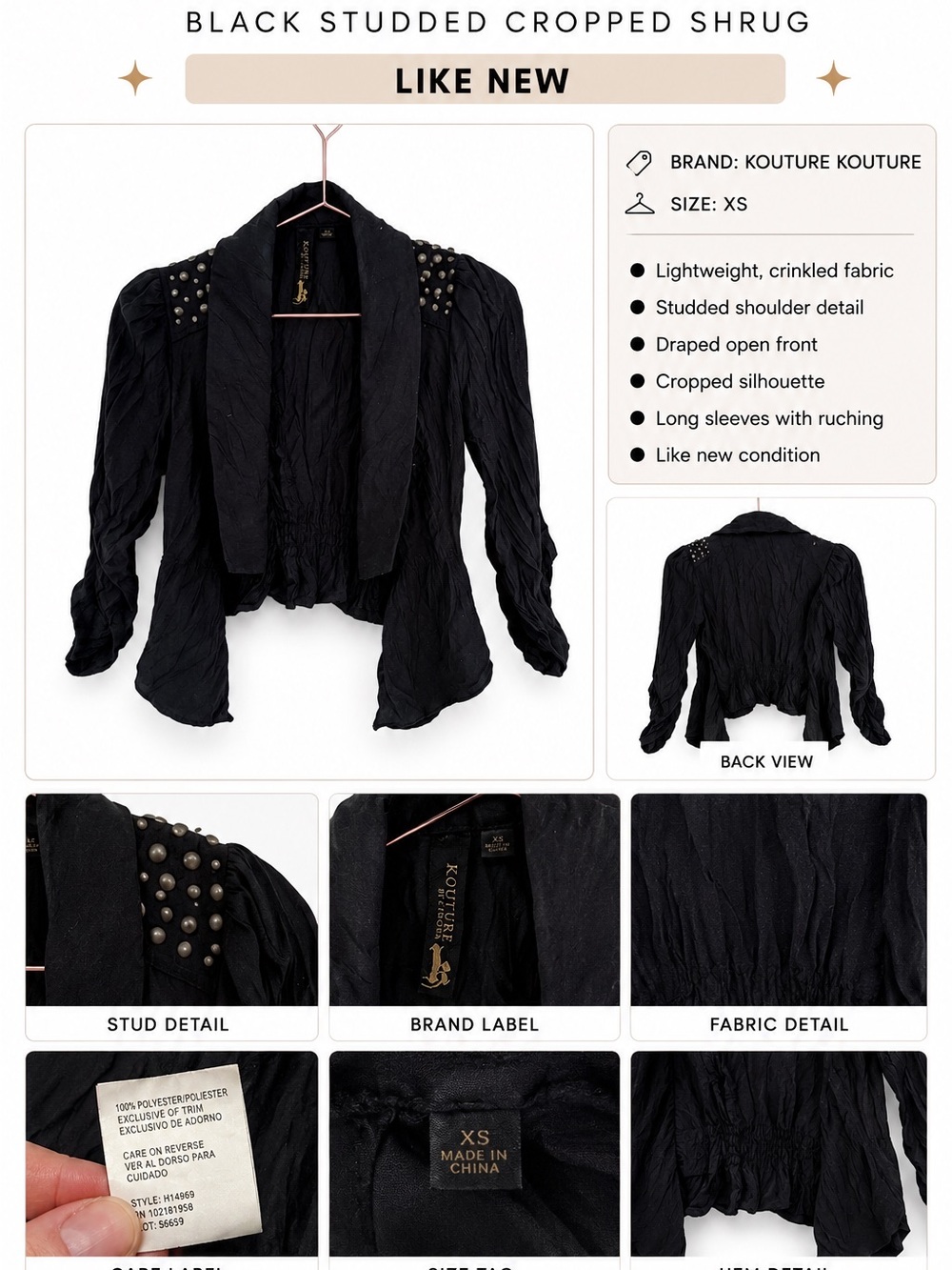 Kouture Kouture Black Studded Cropped Shrug Jacket - Xs
